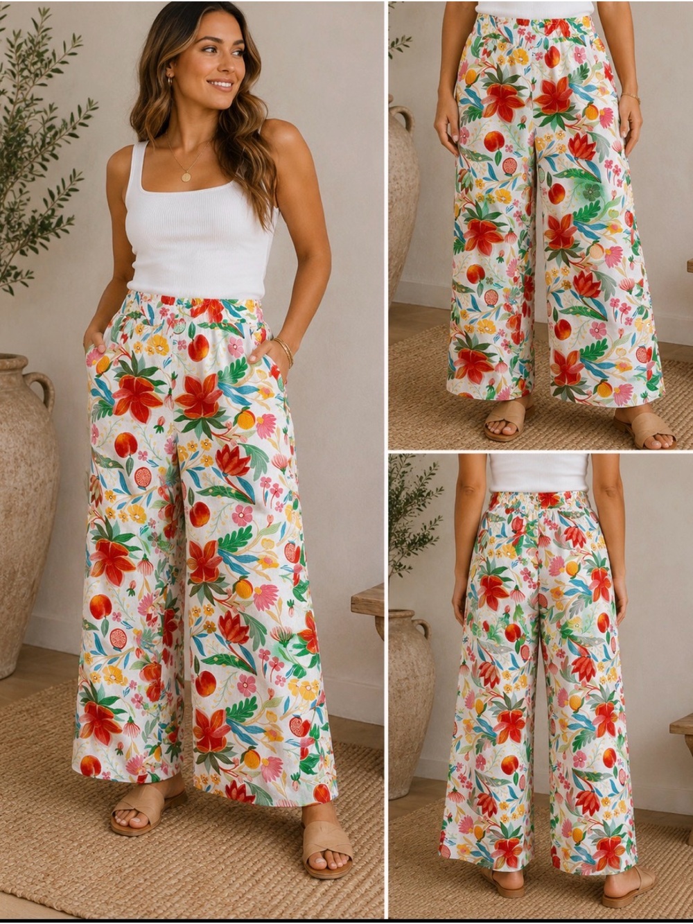 C&C California Tropical Floral Wide Leg Linen Blend Pants Size Small